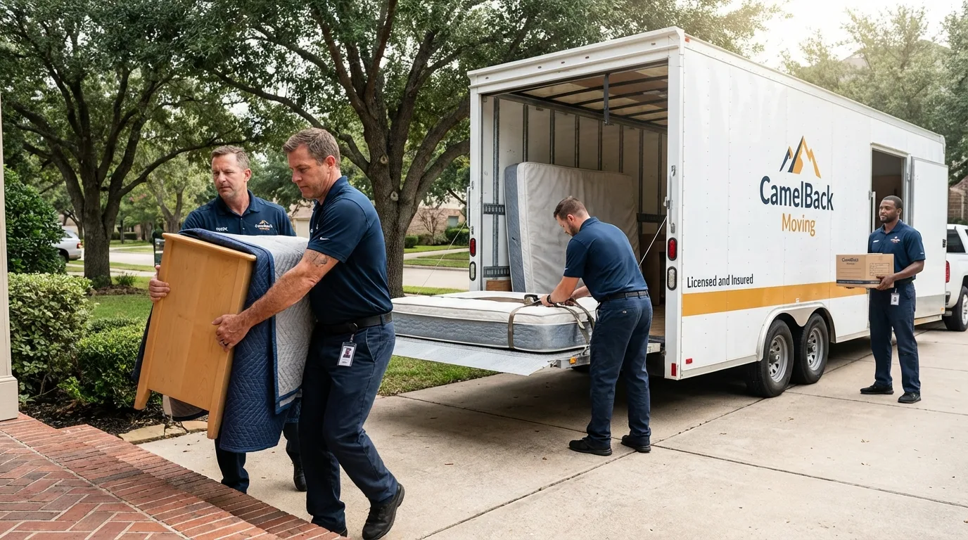 Crew loading residential truck for cross-state move from Coos Bay, OR