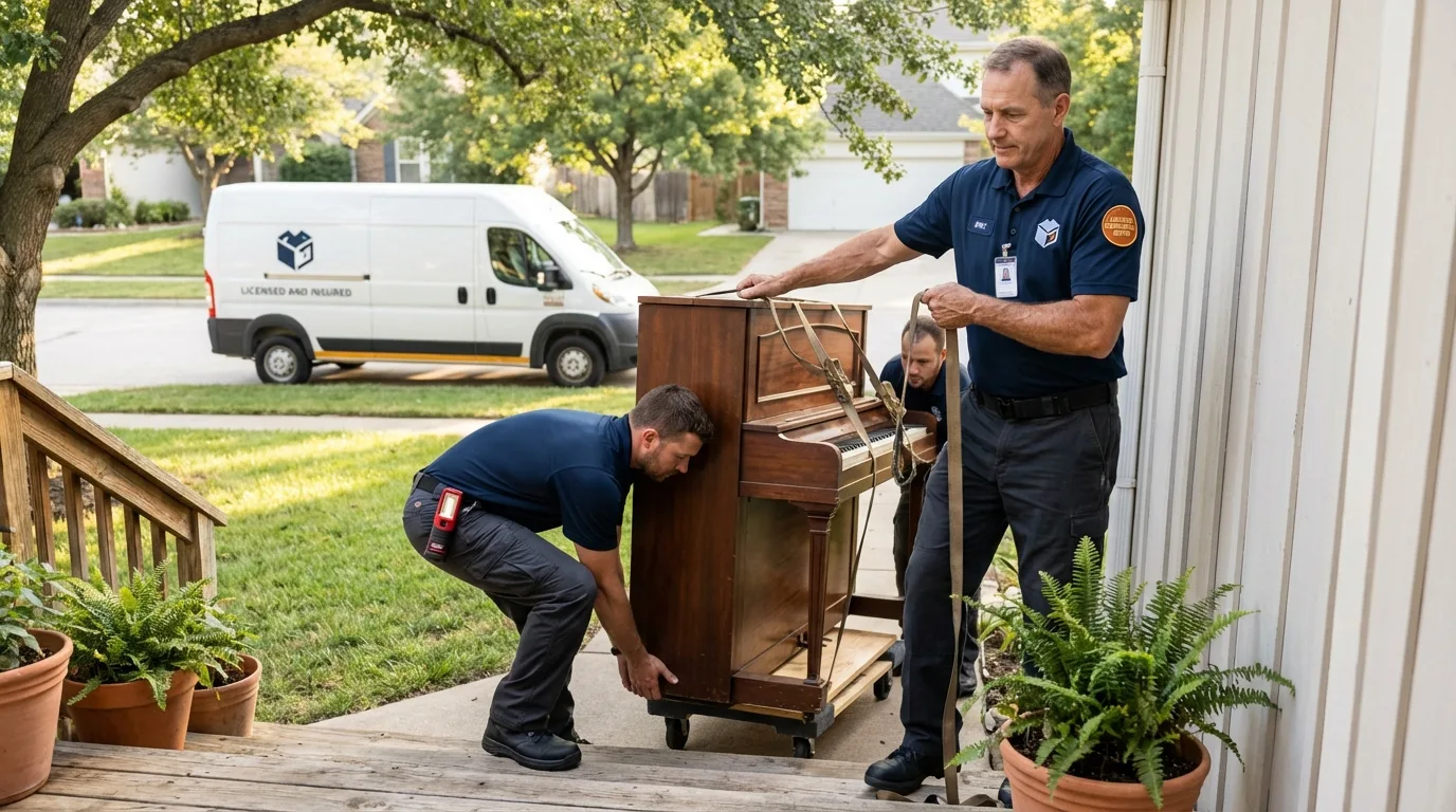 Licensed piano movers securing grand piano in Coos Bay, OR