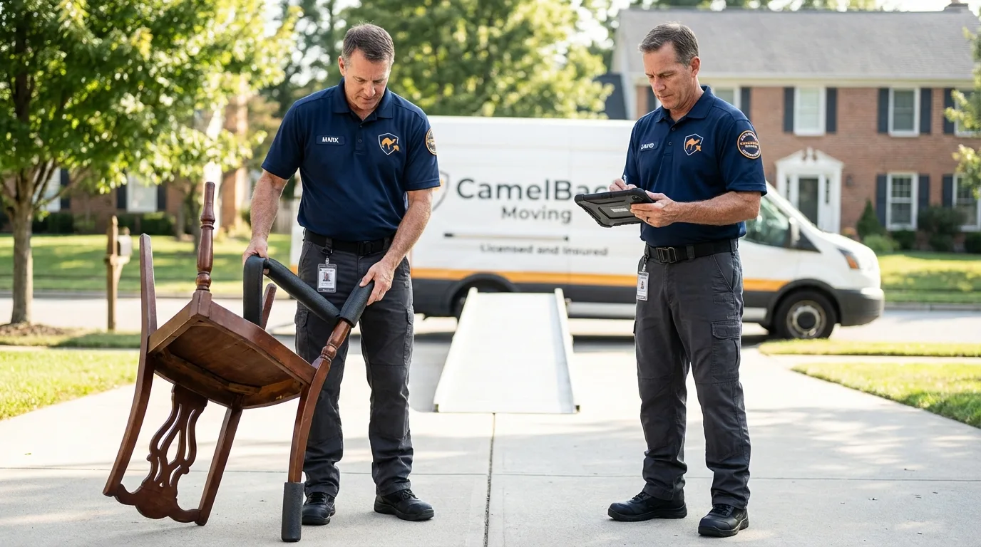Movers inspecting furniture for damage prevention before loading in Coos Bay, OR