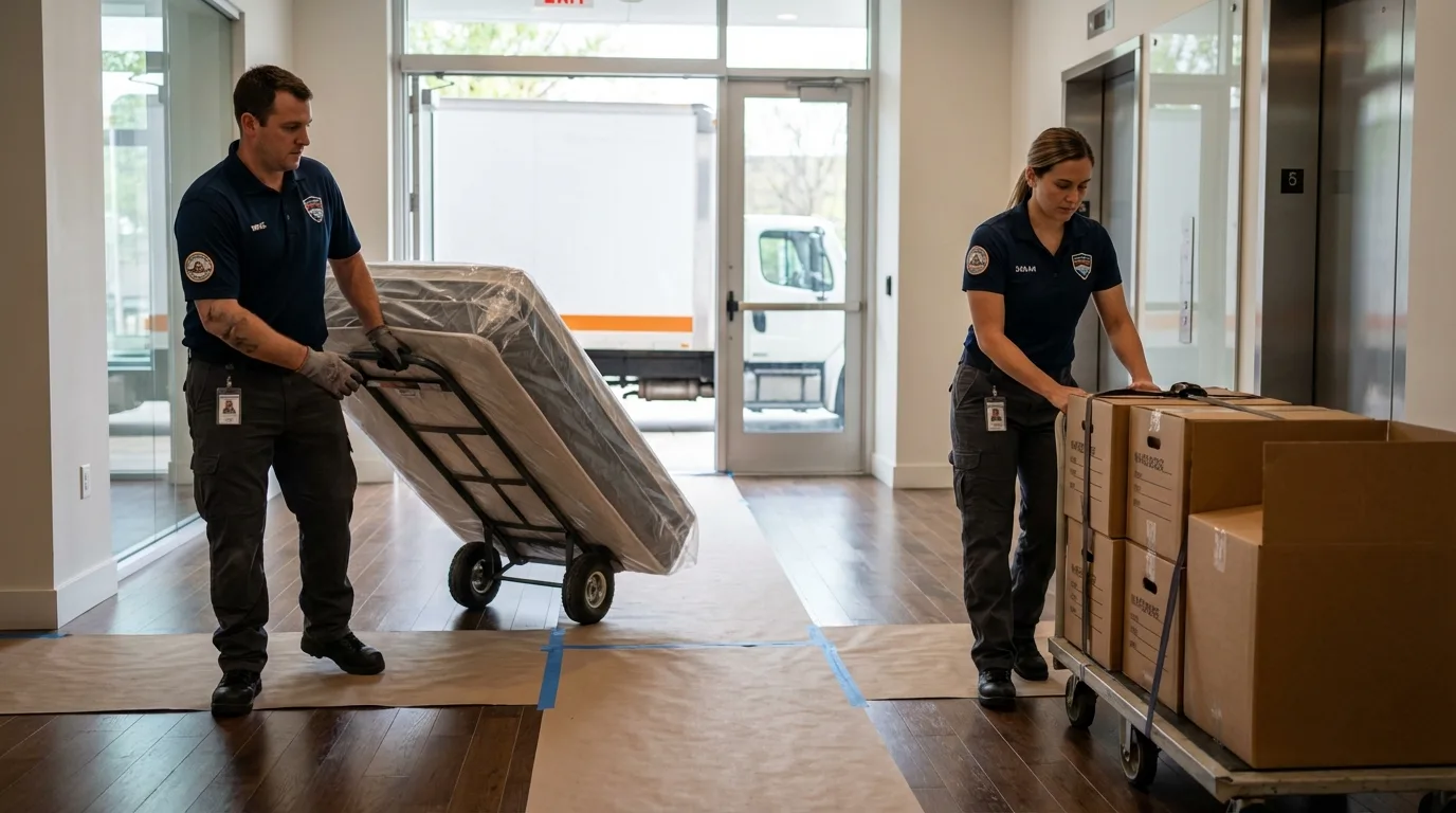 Professional apartment movers loading elevator in Coos Bay, OR
