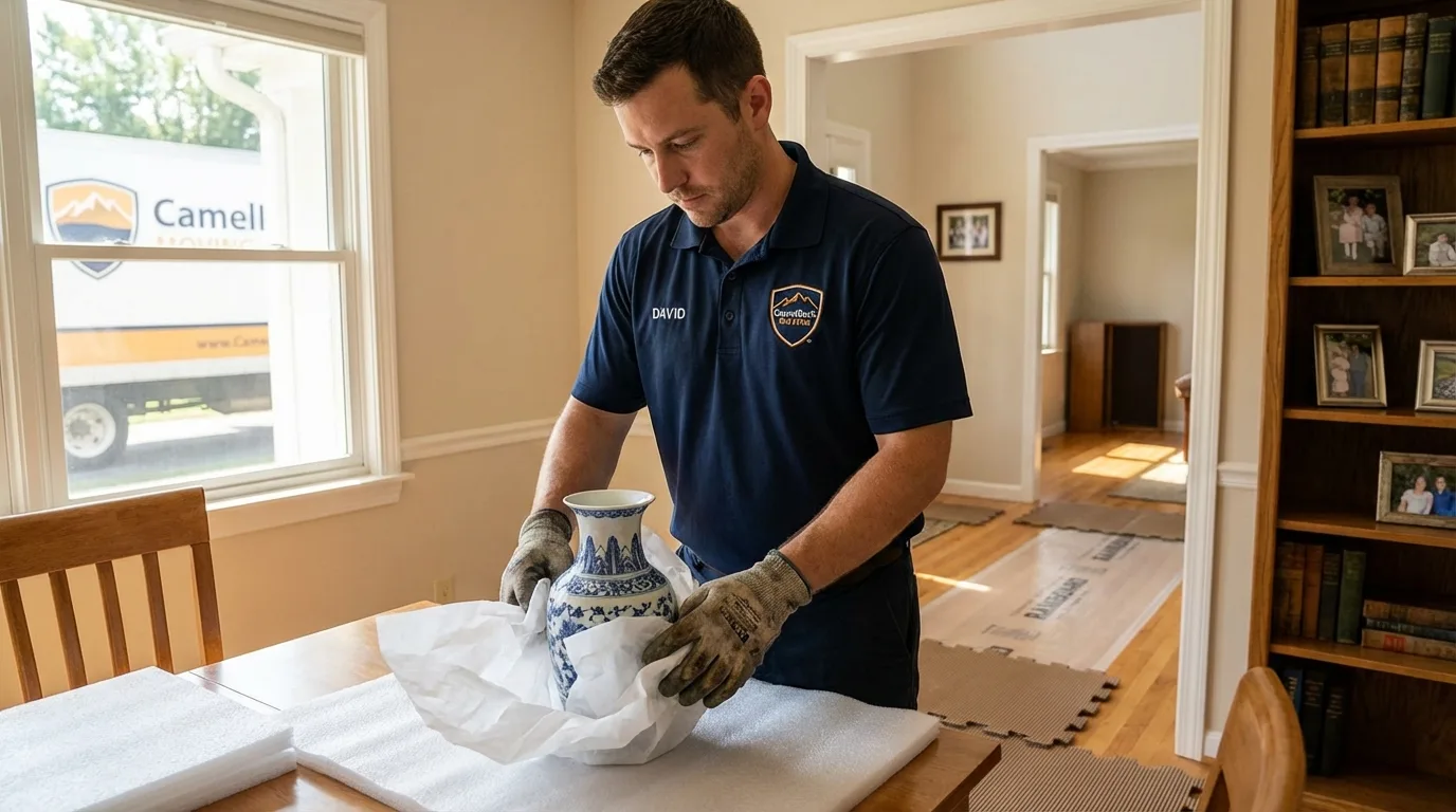 Professional crew carefully wrapping antique vase for senior downsizing move in Coos Bay, OR